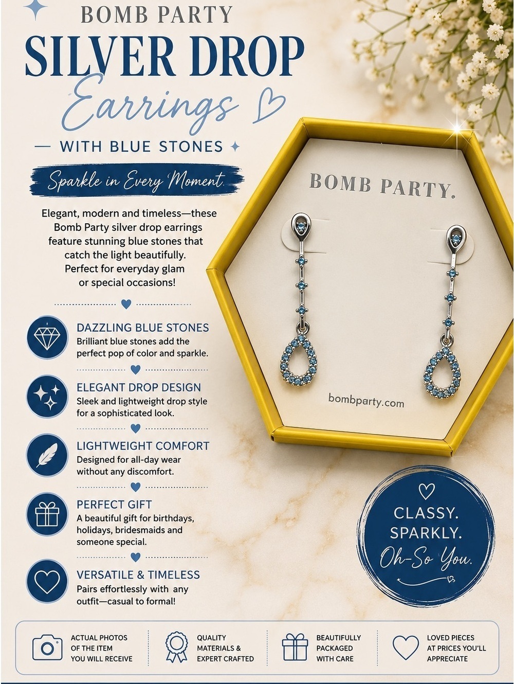 Bomb Party Silver Drop Earrings with Blue Stones